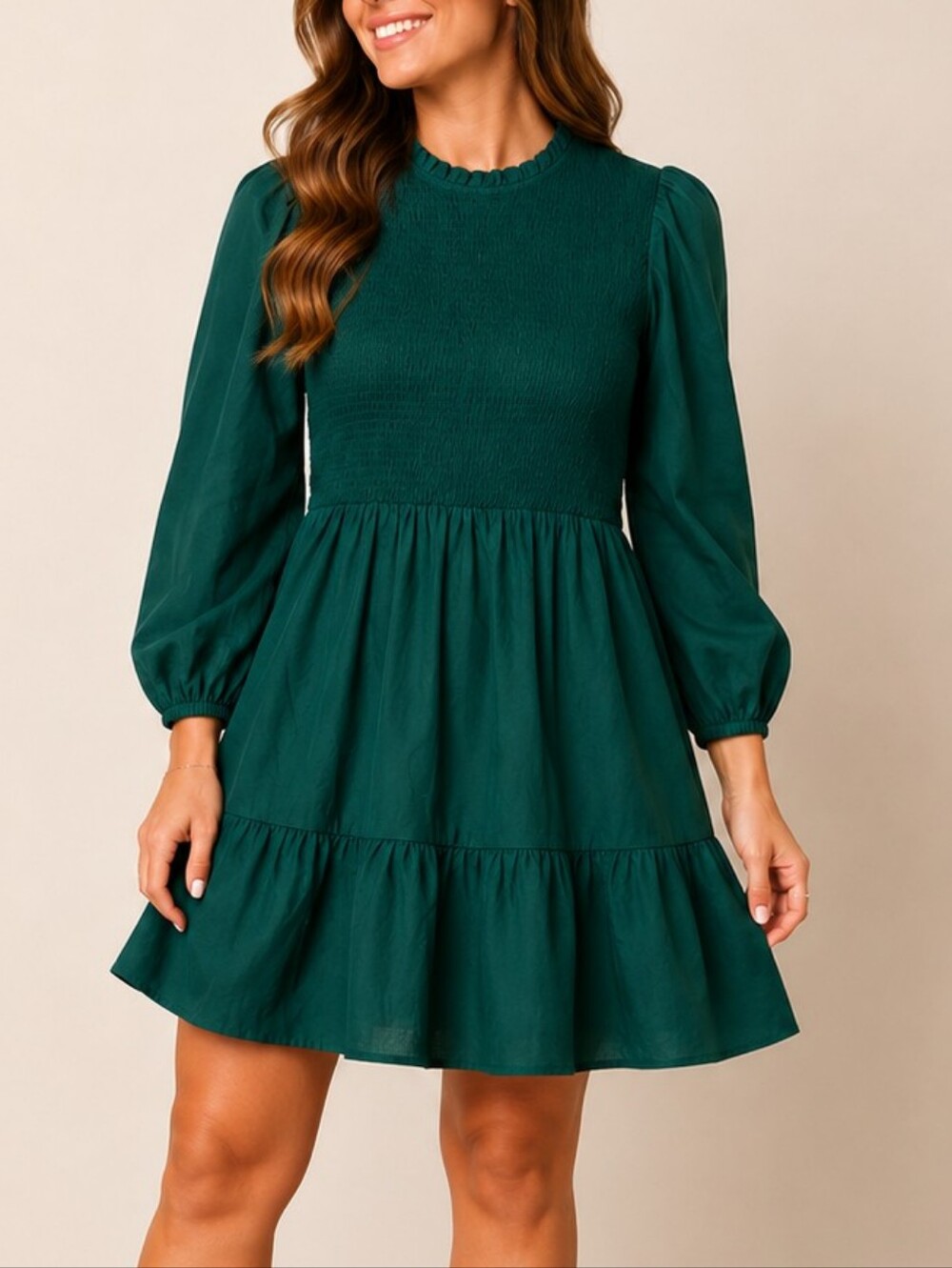 Anna-Kaci Smocked Mini Party Dress Emerald Green Womens Size Large Puff Sleeve